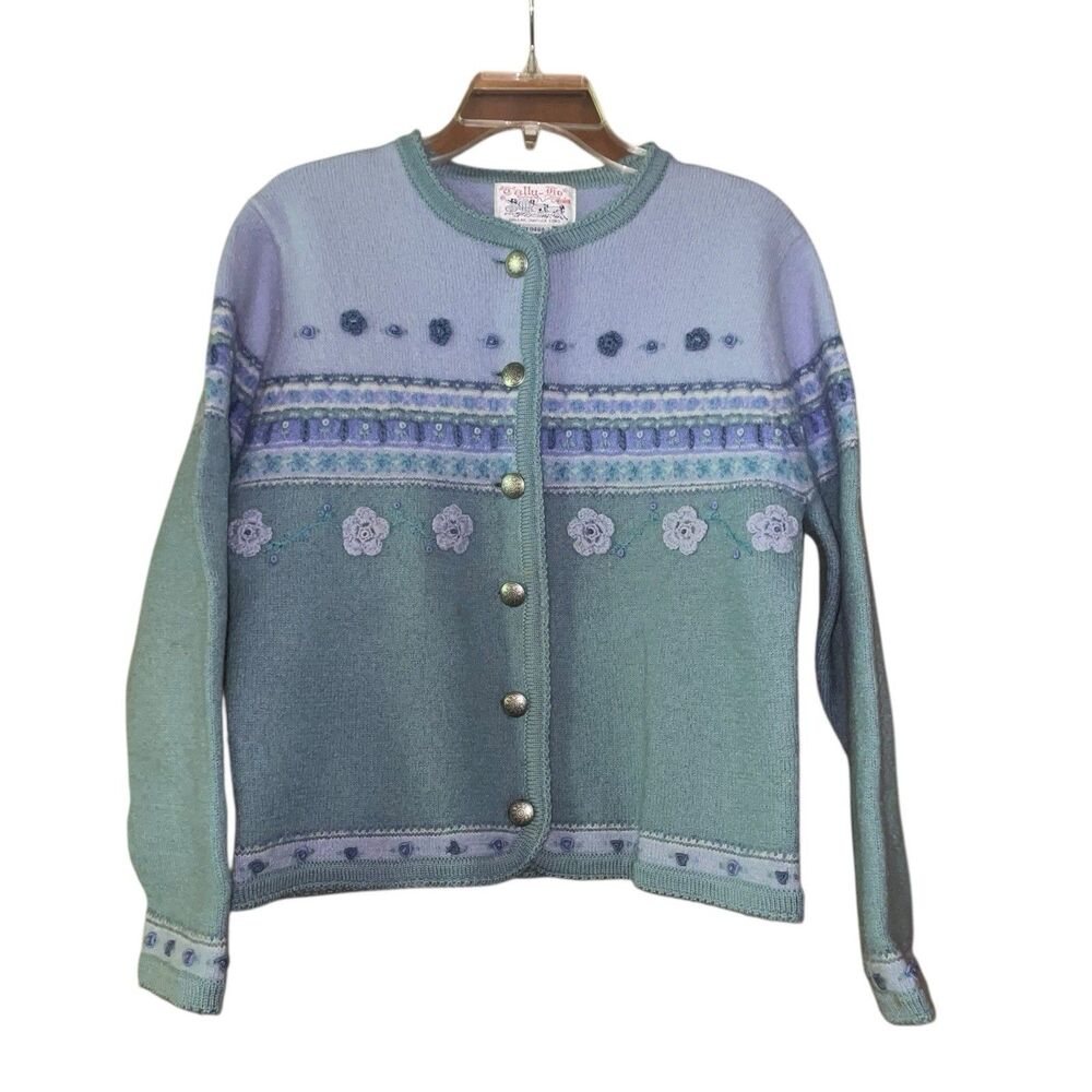 Vintage Tally-Ho S 100% Wool Floral Fair Isle Cardigan Sweater Silver Buttons - Picture 2 of 6